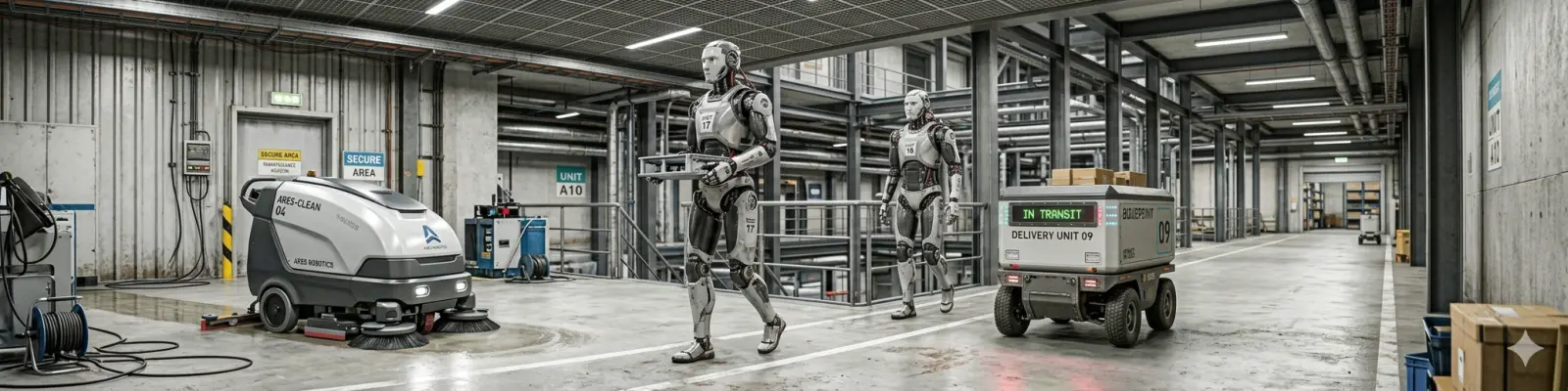 Humanoid robots and a delivery rover inside an industrial warehouse
