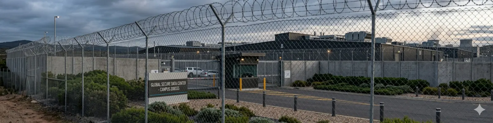 Secure perimeter fence with razor wire surrounding a data center campus