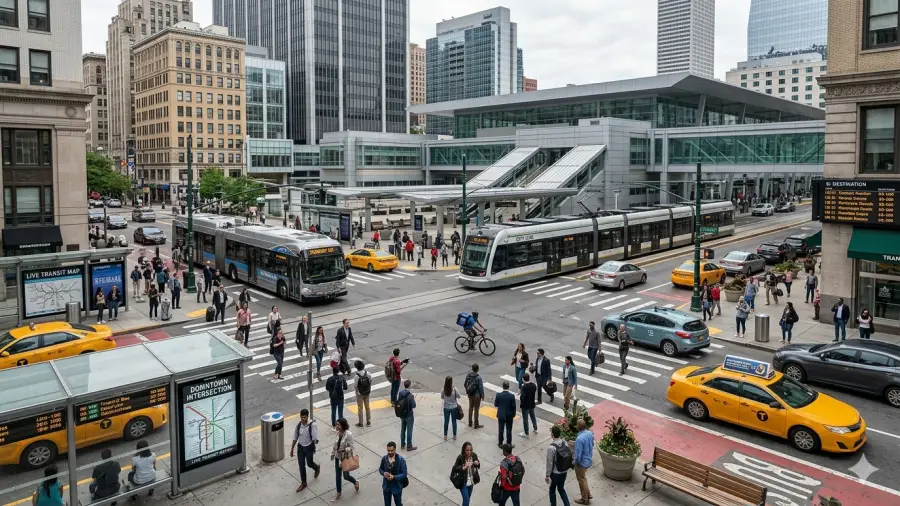Busy downtown intersection with bus, tram, taxis, and pedestrians