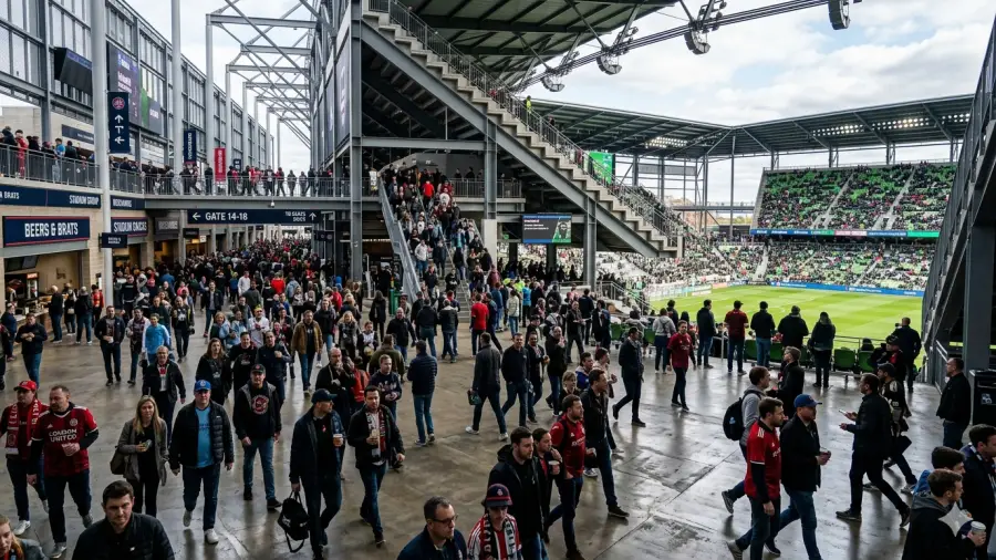 Crowd of fans entering a stadium concourse on match day