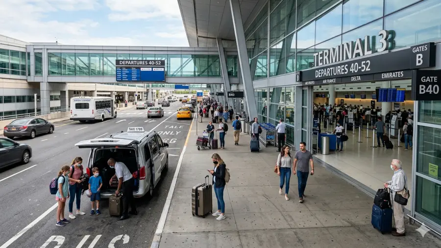 Passengers and taxis at an airport terminal departures curb
