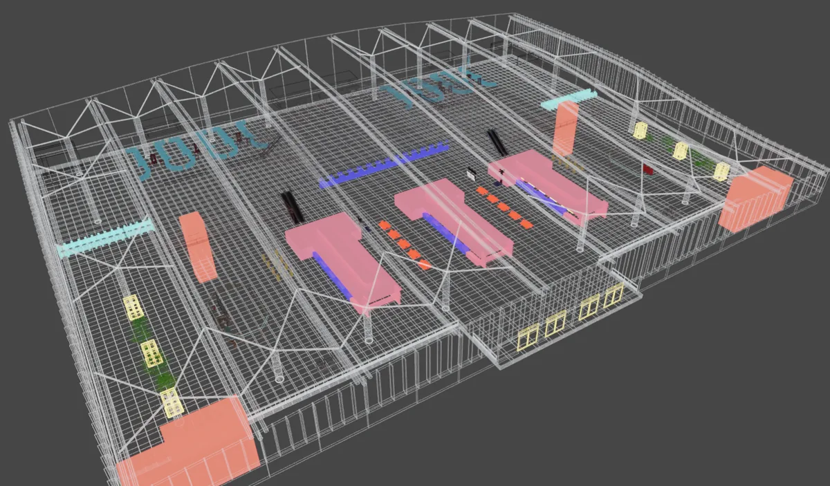 3D digital twin of a multi-level transit hub with annotated zones and assets